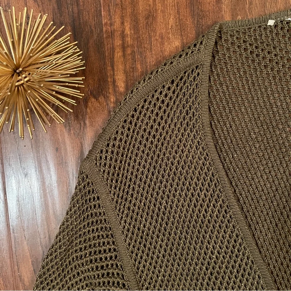 Open Knit Open Front Olive Green Long Cardigan Sweater - Picture 6 of 6